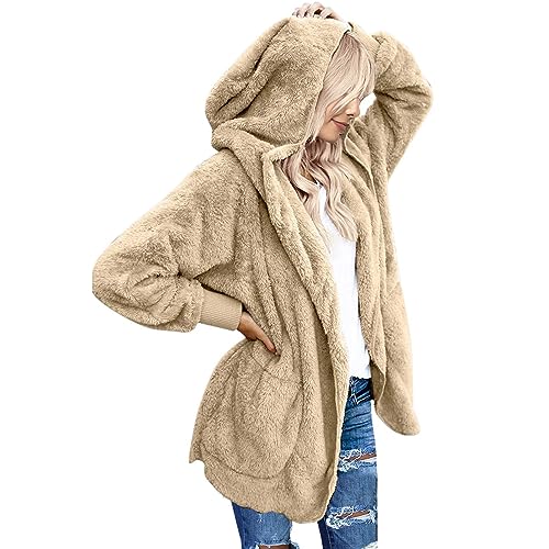 CSKJ Jacke Damen - Damen Mantel Plüschjacke Hoodie Jacke Oversize Wintermantel Kurzmantel Warm Cardigan Kapuzenjacke Winterjacke mit Taschen, Beige, L von CSKJ