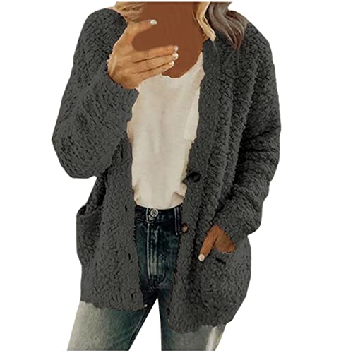 CSKJ Kunstfell Jacke Damen - Damen Teddyfleece Jacke Warmes Sweatshirt mit Knopf Fleece Sweatjacke S-5XL, Dunkelgrau, XXL von CSKJ