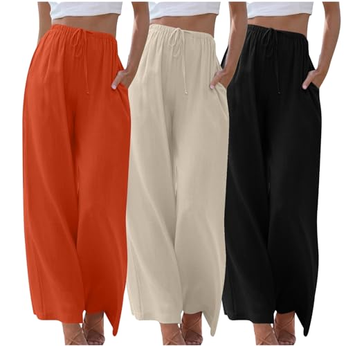 CSKJ Leinenhose Damen Sommer Leinenhose Damen Hose Sommer Musselin Hosen Stoffhose Einfarbig Freizeithose Gerade Geschnitten Hose Sommerhose und Taschen von CSKJ