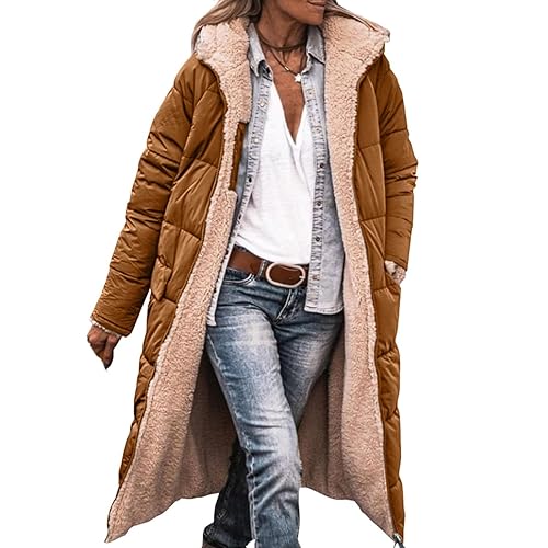 CSKJ Mantel Damen Warm Wintermäntel Reversibel Sherpa Fleece Lang Pufferjacken mit Kapuze Frauen Oberbekleidung Outdoorjacke Steppjacke Steppmantel, Braun, S von CSKJ