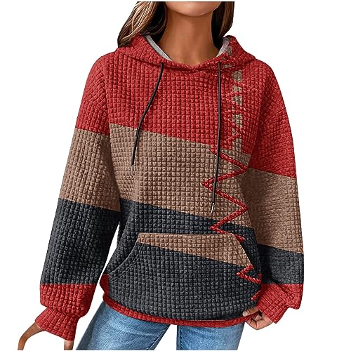 CSKJ Pullover Für Damen Kapuzenpullover Damen Vintage Waffel Pullover mit Kapuze Sweatshirt Casual Langarm Hoodie Langarmshirt Baumwolle Sport Kapuzenpulli Herbst Winter Warm Outwear von CSKJ