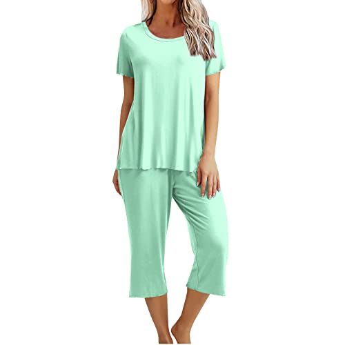 CSKJ Schlafanzüge Damen Loungewäsche Kurz Nachtwäsche Pyjama Set Kurzarm Top Schlafanzug mit 3/4 Lang Schlafhose Zweiteiliger Pjs Sets Sleepwear Schlafanzughosen, mintgrün, XXL von CSKJ