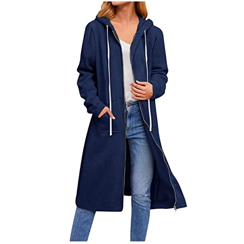 CSKJ Strickpullover Damen - Damen Lange Hoodie Zip Sweatjacke Langarmshirt Kapuzenpullover mit Reißverschluss Sweatshirtjacke Pullover Oberteile Kapuzenpullover mit Tasche, Marineblau, S von CSKJ