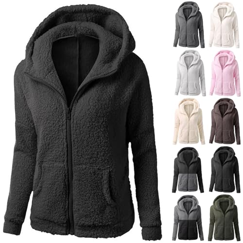 Damen Tshirt - Fleecejacke Damen Kapuzenpullover Hoodie mit Zipper Teddyjacket Sweatshirt Basic Kapuzenjacke Causal Sweatjack Plüschjack Jacket Winter Warm Einfarbig Hoodies, schwarz, 5XL von CSKJ