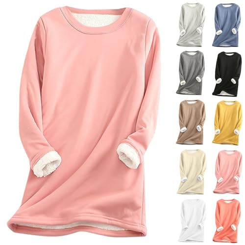 Deckenpullover - Damen Teddy Fleece Sweatshirt Warme Sherpa Gefüttertes Pullover Herbst Winter Casual Pulli Langarmshirt Oberteile Tops Rundhals Einfarbig Thermounterwäsche, Wassermelone rot, M von CSKJ