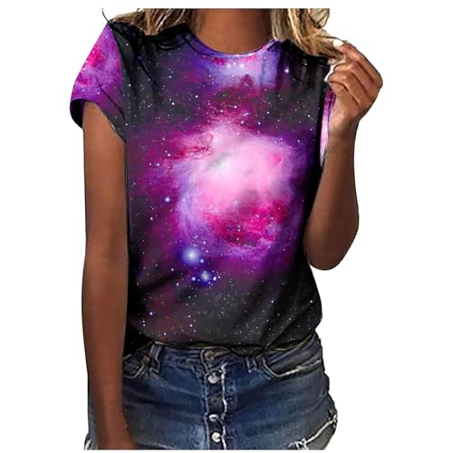 Galaxie Druck Ausgefallene Tshirt Damen Lässige Oberteile Pullover T-Shirt Einfarbiges Basic Shirt Rundhals Kurzarm Sommer Tops Lockere All-Match Tunika Bluse Laufshirt Sportshirt von CSKJ