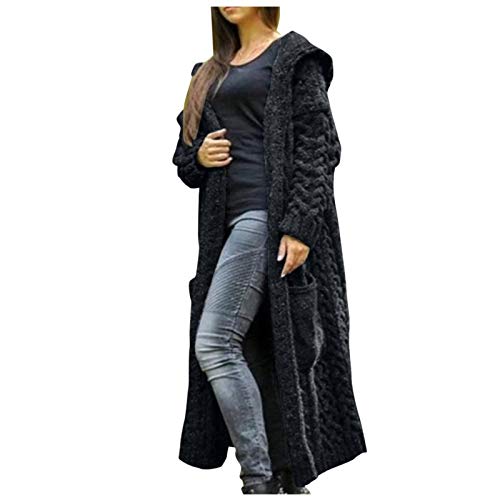 Gutschein Amazon Geburtstag - Strickjacke Damen mit Kapuze Langarm Grobstrick-Cardigan Open Front Sweater Herbst Winter Casual Strickcardigan Pullover mit Taschen, Schwarz, XL von CSKJ