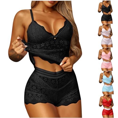 Gutschein Amazon Schlafanzug Damen Sexy Pyjama Set Nachtwäsche Kurz Hausanzug Spitzen Cami Top und Shorts Negligee V-Ausschnitt Loungewäsche Sleepwear Schlafanzüge, schwarz, L von CSKJ