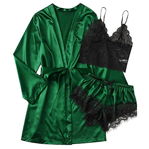 Gutscheine Satin Pyjama Set Damen Kurz 3-teiliges Schlafanzug Kurzarm Nachtwäsche Cami and Shorts Set Frauen Kurze Robe mit Gürtel Hausanzug Loungewäsche Schlafanzüge, grün, L von CSKJ