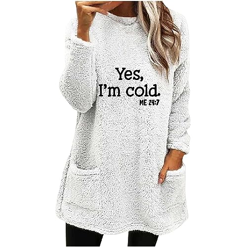 Hoodies für Damen Damen Teddy Fleece Sweatshirt mit Taschen Warmes Sherpa Gefüttertes Pullover Winter Casual Langarmshirt Oberteile Einfarbig Thermounterwäsche, Weiß, XL von CSKJ