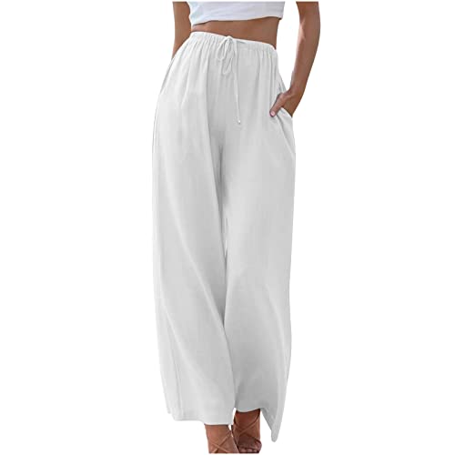 Hose Damen Leinen Sommerhose 7/8 Casual Leichte Baumwolle Leinenhose Stoffhose Bequeme Luftige Freizeithose Strandhose Mit Taschen Arbeitshose von CSKJ