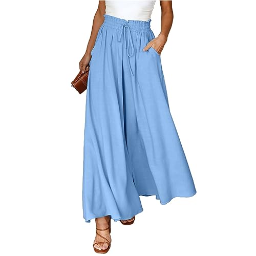 Hose Damen Sommer - Damen Breites Bein Hose Sommerhose Schlaghose Elegante Business Hosen Elastisch Hohe Taille Freizeithose Jogginghose Casual Pants Laufenhose mit Kordelzug, Himmelblau, XL von CSKJ