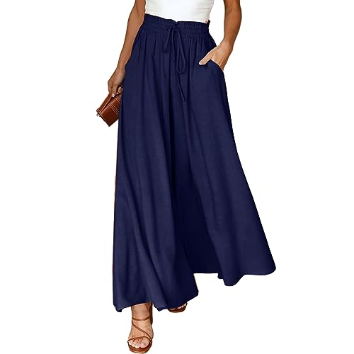 Hose Damen Weites Bein - Damen Breites Bein Hose Sommerhose Schlaghose Elegante Business Hosen Elastisch Hohe Taille Freizeithose Jogginghose Casual Pants Laufenhose mit Kordelzug, Marineblau, XL von CSKJ