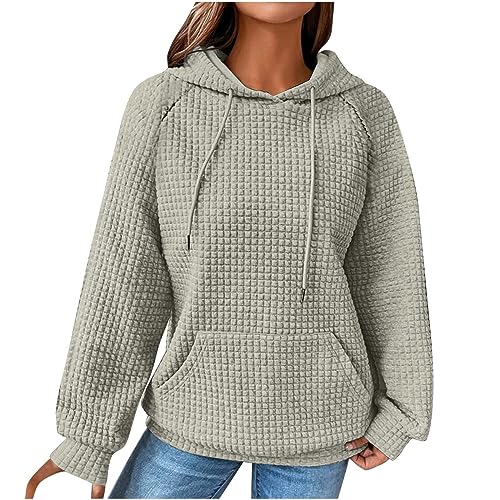 Kapuzenpullover Damen - Kapuzenpullover Damen Vintage Waffel Pullover mit Kapuze Sweatshirt Casual Langarm Hoodie Langarmshirt Baumwolle Sport Kapuzenpulli Herbst Winter Warm Outwear, Beige, M von CSKJ