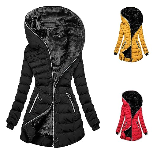 Kunstfell Jacke Damen - Daunenmantel Damen Winterjacke Damen Lang Warm Gefüttert Teddy Fleecejacke Einfarbig Langarm Reißverschluss Hooded Jacke Slim Winter Kapuzenpullover mit Tasche, Schwarz, L von CSKJ