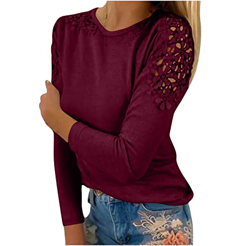 Langarmshirt Damen Lässig Sweatshirt Damen Spitzen Oberteile Damen Einfarbig Tshirt Damen Lockere Rundhals Bluse Damen Elegant Y2k Top Shirt Langarm Damen Pullover Damen Sommer Frühling Kostüm Damen von CSKJ