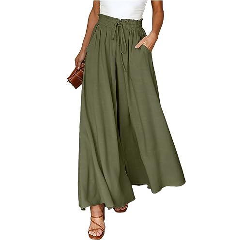 Leinen Hose Damen - Damen Breites Bein Hose Sommerhose Schlaghose Elegante Business Hosen Elastisch Hohe Taille Freizeithose Jogginghose Casual Pants Laufenhose mit Kordelzug, Armeegrün, XL von CSKJ