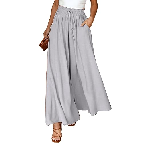 Leinenhose Damen Weiß - Damen Breites Bein Hose Sommerhose Schlaghose Elegante Business Hosen Elastisch Hohe Taille Freizeithose Jogginghose Casual Pants Laufenhose mit Kordelzug, Grau, XL von CSKJ