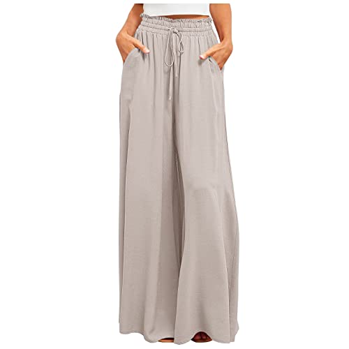 Lockere Hosen Damen Sommer - Damen Breites Bein Hose Sommerhose Schlaghose Elegante Business Hosen Elastisch Hohe Taille Freizeithose Jogginghose Casual Pants Laufenhose mit Kordelzug, Beige, XL von CSKJ