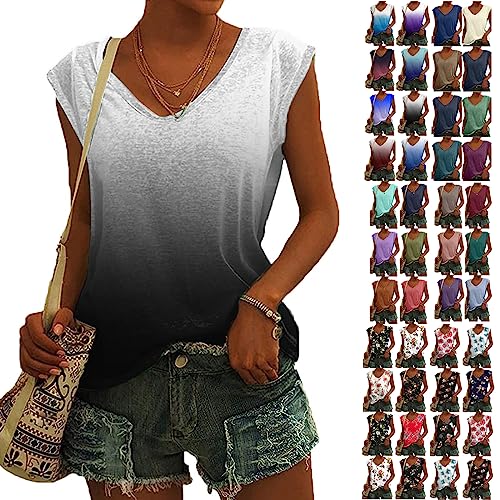 Longshirt Damen - Bluse Damen Elegant Ärmellos T-Shirt Einfarbig Frauen Kleidung Tops Shirt Lässig Frau Oberteile Sommer Tshirt V-Ausschnitte Klamotten Teenager Mädchen, Grau, XL von CSKJ