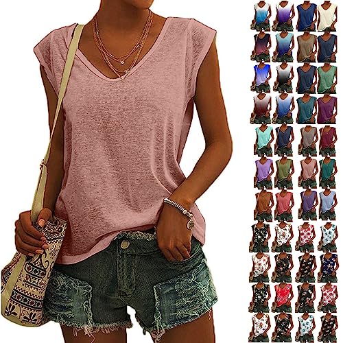 Nationalfeiertag Angebote - Bluse Damen Elegant Ärmellos T-Shirt Einfarbig Frauen Kleidung Tops Shirt Lässig Frau Oberteile Sommer Tshirt V-Ausschnitte Klamotten Teenager Mädchen, Rosa, S von CSKJ