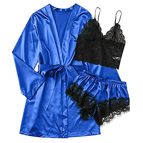 Sexy Damendessous Satin Pyjama Set Damen Kurz 3-teiliges Schlafanzug Kurzarm Nachtwäsche Cami and Shorts Set Frauen Kurze Robe mit Gürtel Hausanzug Loungewäsche Schlafanzüge, blau, S von CSKJ