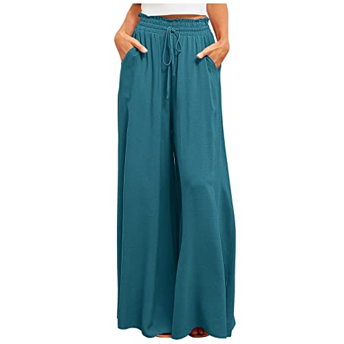 Sommerhose - Damen Breites Bein Hose Sommerhose Schlaghose Elegante Business Hosen Elastisch Hohe Taille Freizeithose Jogginghose Casual Pants Laufenhose mit Kordelzug, Blau, XL von CSKJ