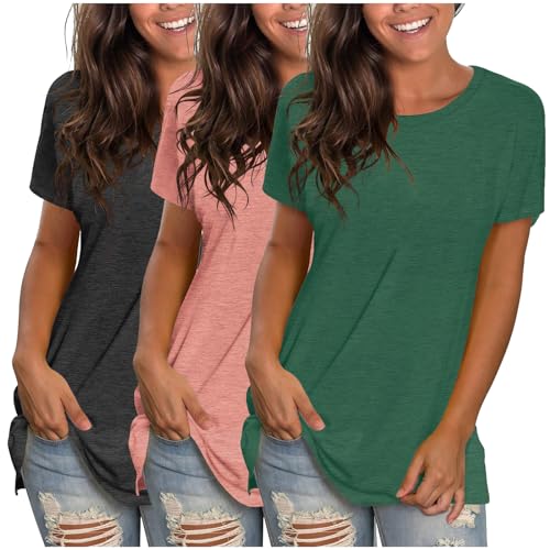 Tshirt Damen Lässige Druck Oberteile Pullover T-Shirt Einfarbiges Basic Shirt Rundhals Kurzarm Sommer Tops Lockere All-Match Tunika Bluse Laufshirt Sportshirt von CSKJ