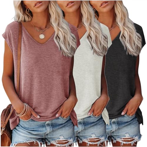 V-Ausschnitt Tshirt Einfarbiges Bluse Damen Elegant Ärmellose T-Shirt Crop Tops Shirt Mädchen Weiß Oberteile Frauen Schwarz Kleidung Frau Sommer Shirts Top Casual Rundhals Klamotten Teenager Mädchen von CSKJ