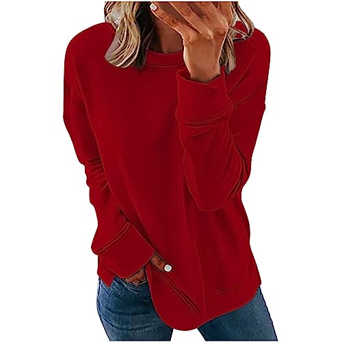 Weihnachtspullover - Pullover Damen Sweatshirt Langarm Rundhals Pulli Herbst Winter Frauen Unifarben Locker Casual Oberteil Sport Streetwear Sweatshirts ohne Kapuze Bluse Tops, Rot, XL von CSKJ