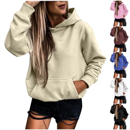 Winterjacke Damen Sale Hoodie Damen Kapuzenpullover Langarm Pullover Sweatshirt mit Kapuze Herbst Winter Casual Einfarbig Pulli Sweatjacke Oberteile Langarmshirt Tops Streetwear, Khaki, S von CSKJ