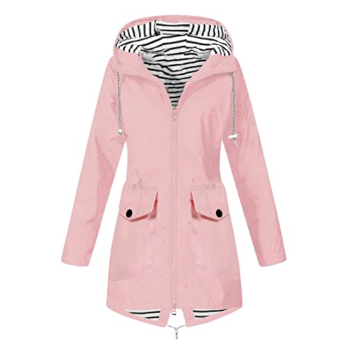 Winterparka Damen - Regenjacke Damen Wasserdicht Atmungsaktiv Regenmantel Windbreaker Lang Übergangsjacke Leichte Jacke mit Kapuze Frauen Regenparka Outdoorjacke Regenponcho für Regenzeit, Rosa, M von CSKJ