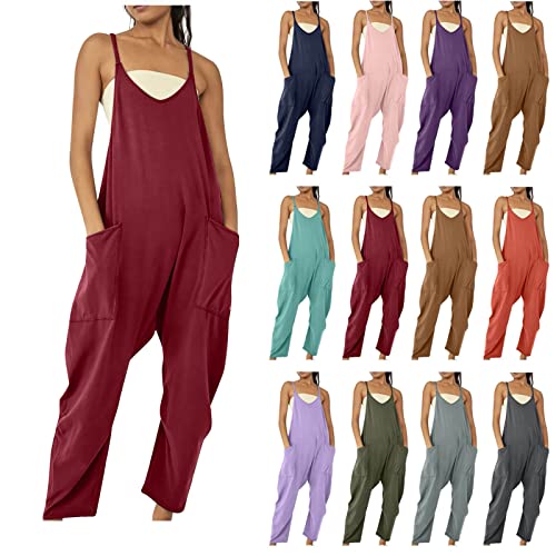 CSWH Damen Latzhose Frauen Sommer Baggy Jumpsuit mit Taschen Mädchen Einfarbig Ärmellos Playsuit Strampler Frau Lässige Romper Overalls Sommerhose Freizeithose Arbeitshose von CSWH