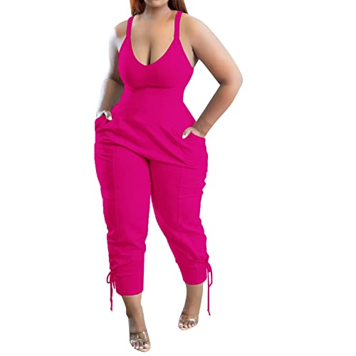 CSWH Jumpsuits Damen Spaghettiträger Hose Playsuit Frauen Straight Overalls Strampler Ladies Beiläufig Schlicht Freizeithose Sommeroverall Frau y2k Sommer Clothes Pants Trousers (Hot Pink, XXL) von CSWH