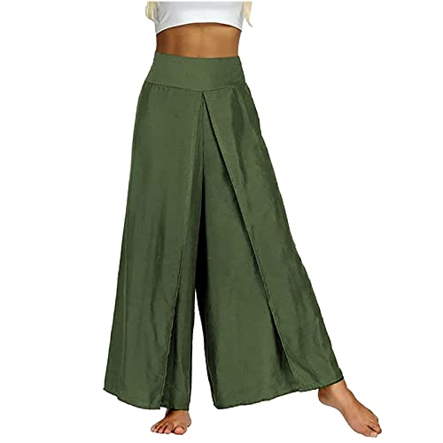 Damen Hose Wide Leg Sommerhose Frauen Solide Freizeithose Yogahose Female Bequem mit Schlitz Leinenhosen Sporthose Jogginghose Frau y2k Clothes Pants Trousers (Armeegrün, S) von CSWH