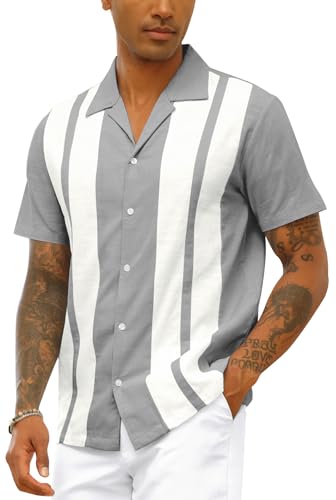 Bowling-Shirt für Herren, Vintage-Stil, Baumwoll-Leinen, Strand-Shirt, kurzärmelig, Knopfleiste, Sommer-Top, grau, L von CTU