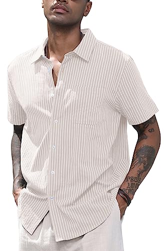 CTU Herren Leinenhemden Baumwollhemden mit kurzen Ärmeln Gestreiftes Button Down Hemd Freizeithemd Sommer Strand Hemd Beige 3XL von CTU