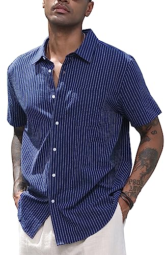 CTU Herren Leinenhemden Baumwollhemden mit kurzen Ärmeln Gestreiftes Button Down Hemd Freizeithemd Sommer Strand Hemd Marineblau 3XL von CTU