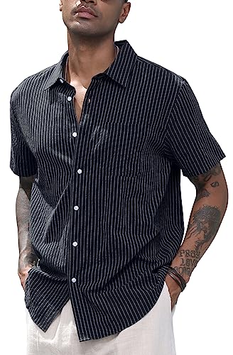 CTU Herren Leinenhemden Baumwollhemden mit kurzen Ärmeln Gestreiftes Button Down Hemd Freizeithemd Sommer Strand Hemd Schwarz 3XL von CTU