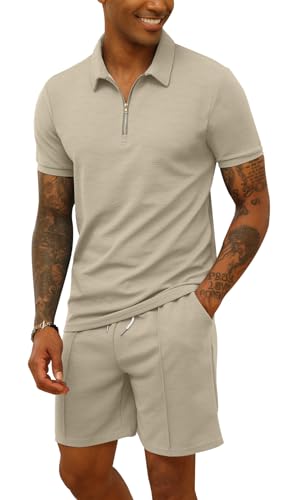 CTU Herren-Trainingsanzug, Poloshirt und Shorts, 2-teilig, Sommer-Outfits, Sportbekleidung, Sweatsuits, beige, XL von CTU