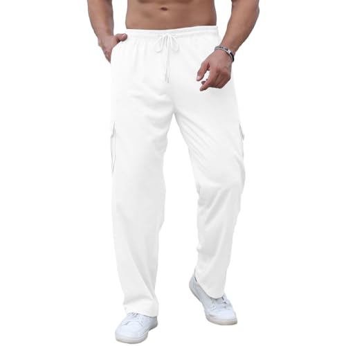 CTU Leichte Herren-Cargo-Jogginghose mit offenem Boden, Loungehose, leichte lässige Jogginghose mit Taschen, Weiss/opulenter Garten, XXL von CTU