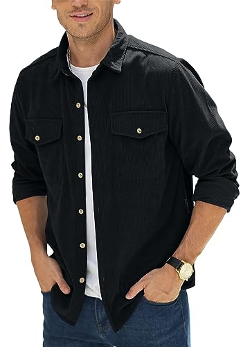 Herren Button-Down-Shirts Cordhemden Mantel Freizeithemd mit Brusttasche M-3XL, Schwarz , XL von CTU