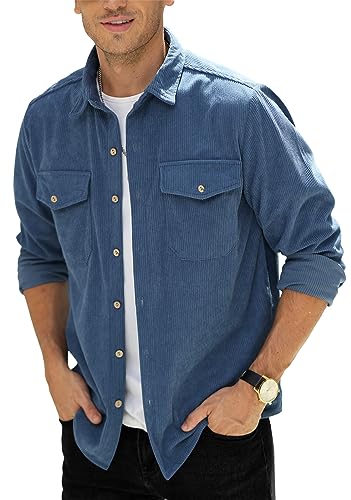 Herren Button-Down-Shirts Cordhemden Mantel Freizeithemd mit Brusttasche M-3XL, blau, XL von CTU