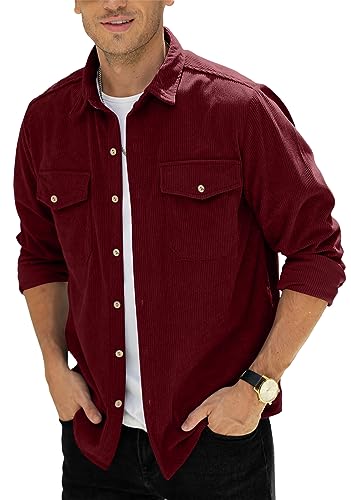 Herren Button-Down-Shirts Cordhemden Mantel Freizeithemd mit Brusttasche M-3XL, weinrot, L von CTU