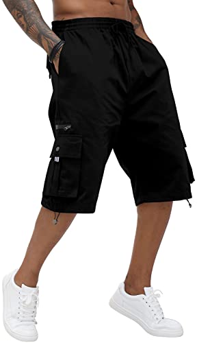 Herren-Cargo-Shorts, Baumwolle, elastische Taille, knielange Caprihose mit mehreren Taschen, Schwarz , XL von CTU