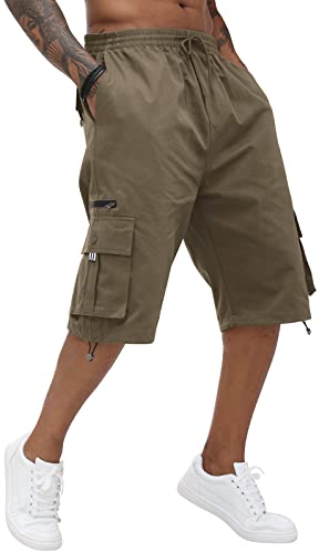 Herren-Cargo-Shorts, Baumwolle, elastische Taille, knielange Caprihose mit mehreren Taschen, grün, L von CTU