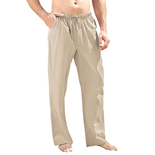 Herren Leinenhose Casual Elastische Taille Sommer Strand Lose Yogahose M-3XL, beige, 34-37 von CTU