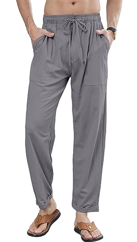 Herren Sommer Herbst Lose Lässige Baumwollhose Leinenhose mit Taschen Elastischer Bund Casual Strandhosen Leinen Hose Dunkelgrau XXL Herren Sommer Herbst Lose Lässige Baumwollhose Leinenhose mit Taschen Elastischer Bund Casual Strandhosen Leinen Hose Dunkelgrau XXL von CTU