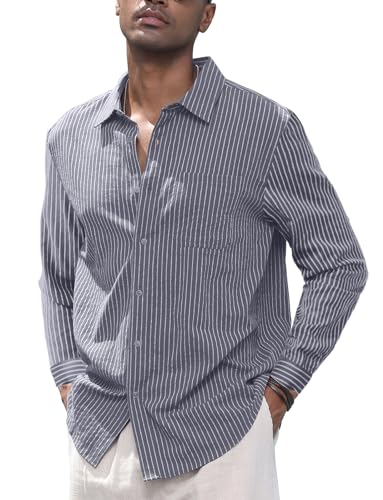 Herrenhemd aus Baumwoll-Leinen, langärmelig, gestreift, Button-Down-Shirt, Freizeithemd, grau, 3XL von CTU