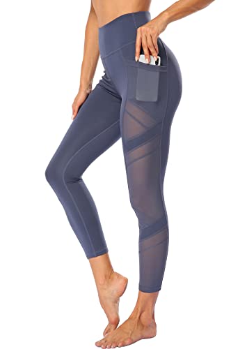 CUFFLLE Damen Mesh Hohe Taille Leggings Yogahose mit Taschen Bauchkontrolle Workout Yoga Leggings, dusty blue, XL von CUFFLLE